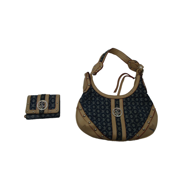 Rocawear Denim Shoulder Bag & Wallet Set Blue Monogram Logo Rhinestone Trim - Picture 1 of 14